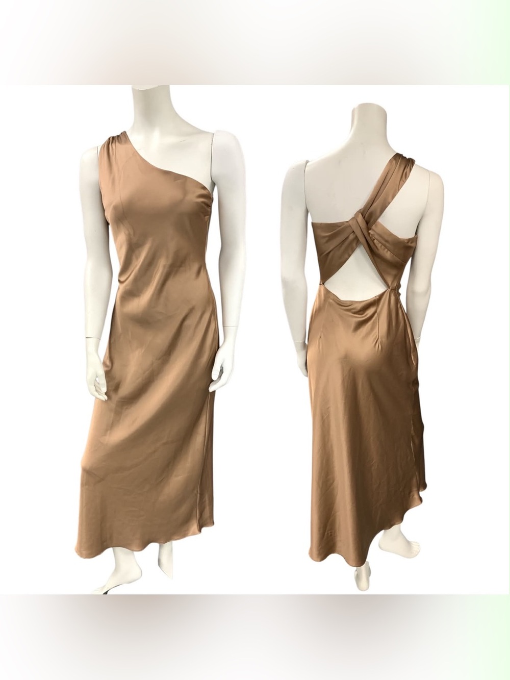 Zara One-Shoulder Satin Slip Dress in Camel Brown Size S